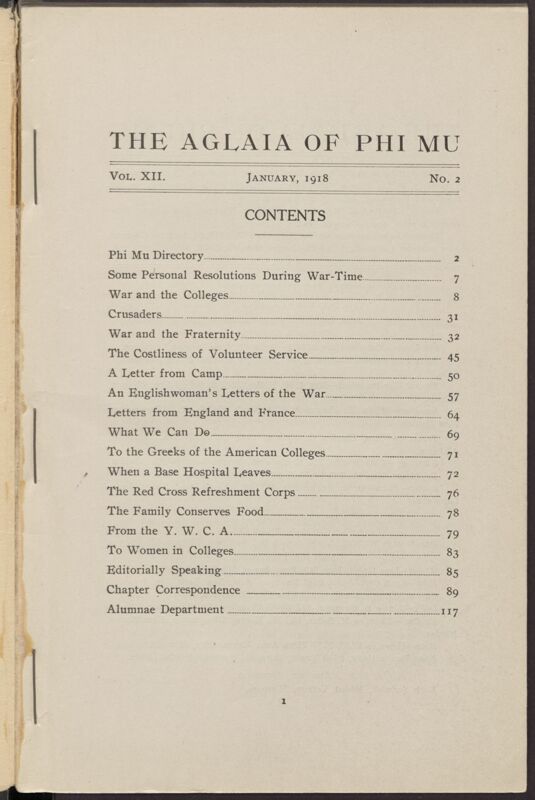 The Aglaia of Phi Mu, Vol. XII, No. 2 Table of Contents (Image)