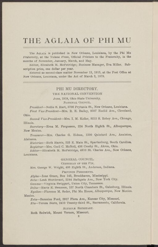 Phi Mu Directory, January 1918 (Image)