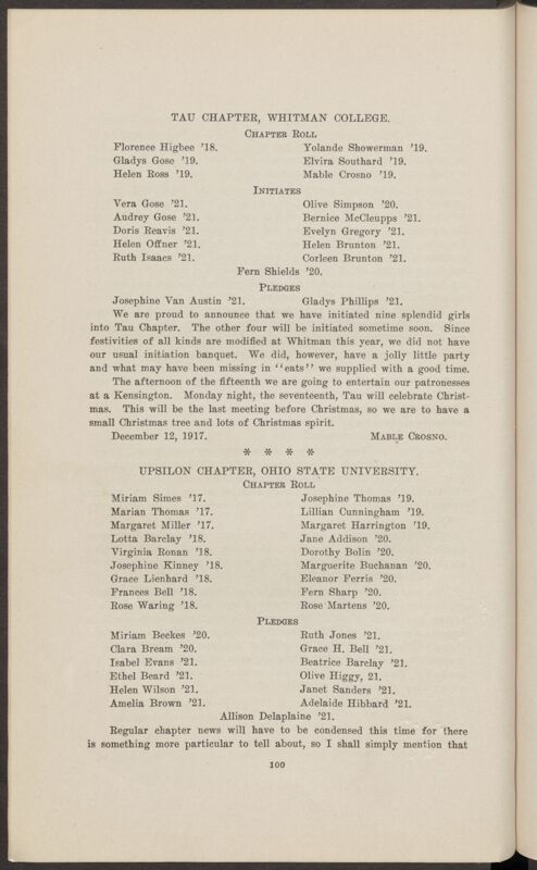 Chapter Correspondence: Tau Chapter, Whitman College, January 1918 (Image)