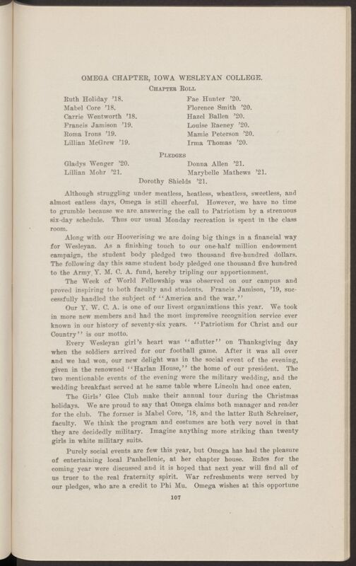 Chapter Correspondence: Omega Chapter, Iowa Wesleyan College, January 1918 (Image)