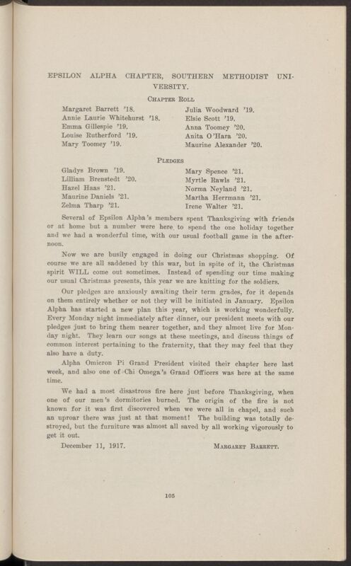 Chapter Correspondence: Epsilon Alpha Chapter, Southern Methodist University, January 1918 (Image)