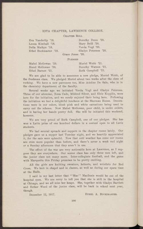 Chapter Correspondence: Iota Chapter, Lawrence College, January 1918 (Image)