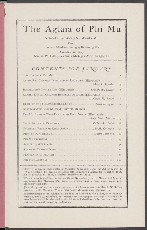 The Aglaia of Phi Mu, Vol. XXIX, No. 2 Table of Contents (Image)