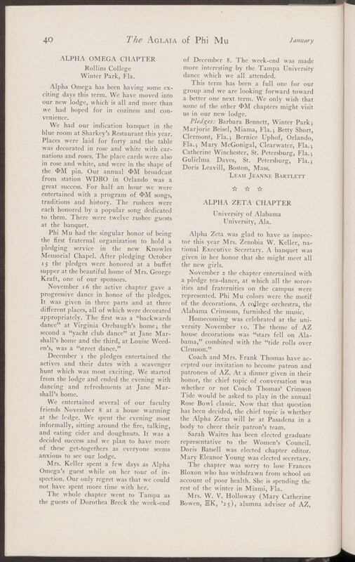Active Chapter News: Alpha Omega Chapter, Rollins College, January 1935 (Image)