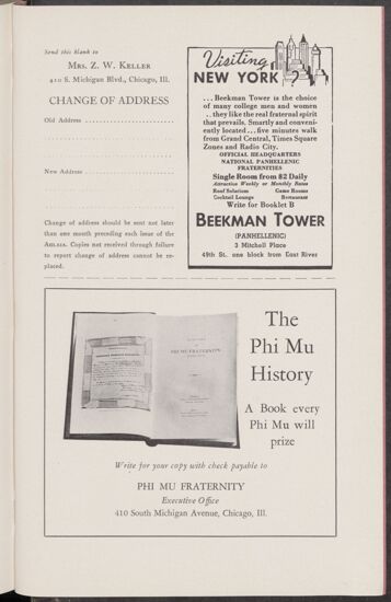 Change of Address, Beekman Tower, and Phi Mu History Advertisement Page (Image)