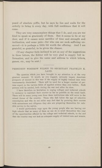 President Woodrow Wilson to Secretary Franklin K. Lane (Image)