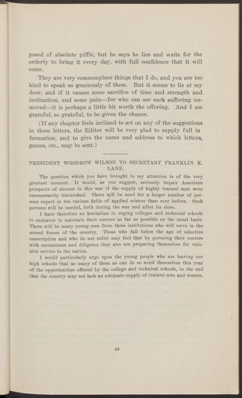 President Woodrow Wilson to Secretary Franklin K. Lane (Image)