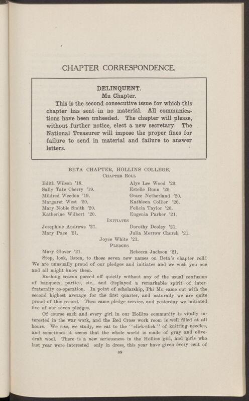 Chapter Correspondence: Beta Chapter, Hollins College, January 1918 (Image)