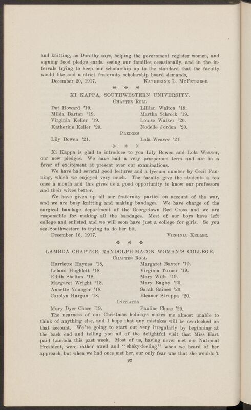 Chapter Correspondence: Xi Kappa Chapter, Southwestern University, January 1918 (Image)