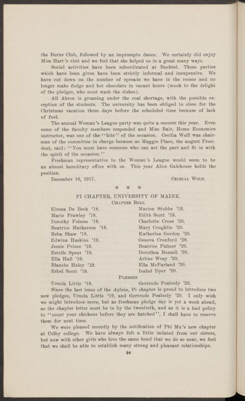 Chapter Correspondence: Pi Chapter, University of Maine, January 1918 (Image)