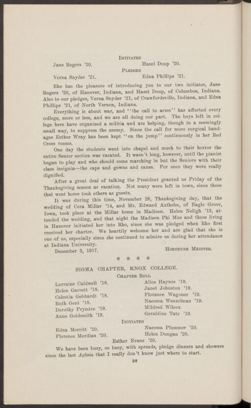 Chapter Correspondence: Sigma Chapter, Knox College, January 1918 (Image)