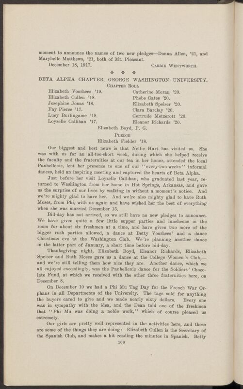 Chapter Correspondence: Beta Alpha, George Washington University, January 1918 (Image)