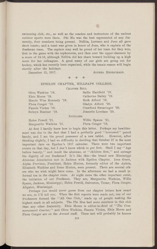 Chapter Correspondence: Epsilon Chapter, Millsaps College, January 1918 (Image)