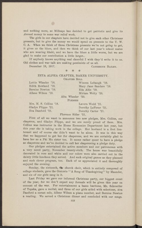 Chapter Correspondence: Zeta Alpha Chapter, Baker University, January 1918 (Image)