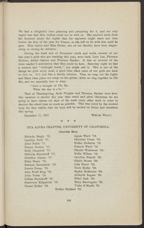 Chapter Correspondence: Eta Alpha, University of California, January 1918 (Image)