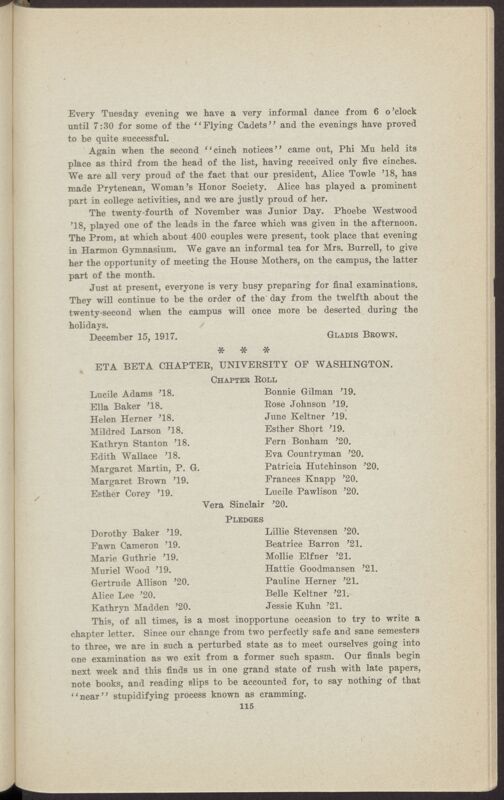 Chapter Correspondence: Eta Beta Chapter, University of Washington, January 1918 (Image)