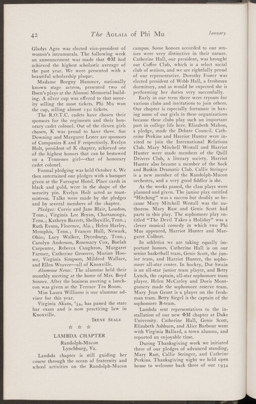 Active Chapter News: Lambda Chapter, Randolph-Macon, January 1935 (Image)