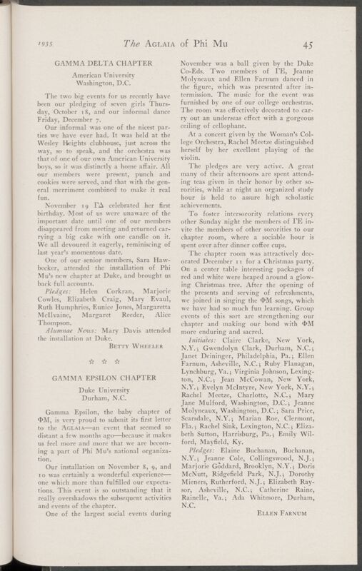 Active Chapter News: Gamma Epsilon Chapter, Duke University, January 1935 (Image)