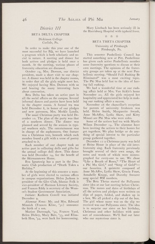 Active Chapter News: Beta Theta Chapter, University of Pittsburgh, January 1935 (Image)
