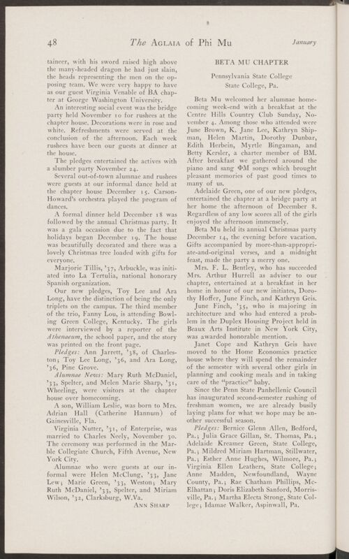 Active Chapter News: Beta Mu Chapter, Pennsylvania State College, January 1935 (Image)
