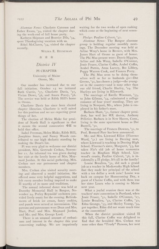 Active Chapter News: Pi Chapter, University of Maine, January 1935 (Image)