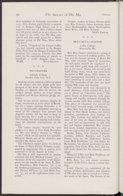 Active Chapter News: Beta Beta Chapter, Colby College, January 1935 (Image)