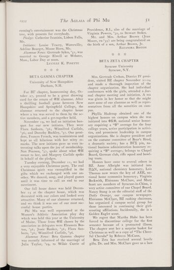 Active Chapter News: Beta Gamma Chapter, University of New Hampshire, January 1935 (Image)