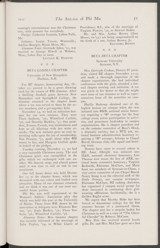 Active Chapter News: Beta Zeta Chapter, Syracuse University, January 1935 (Image)