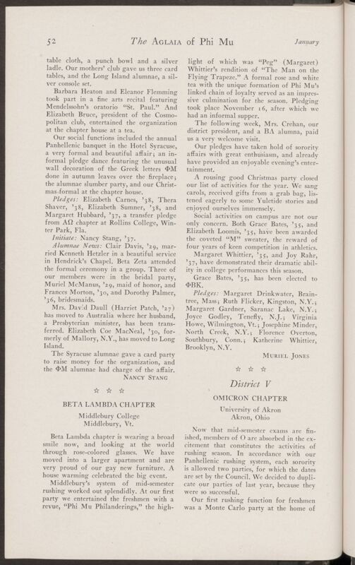 Active Chapter News: Beta Lambda Chapter, Middlebury College, January 1935 (Image)