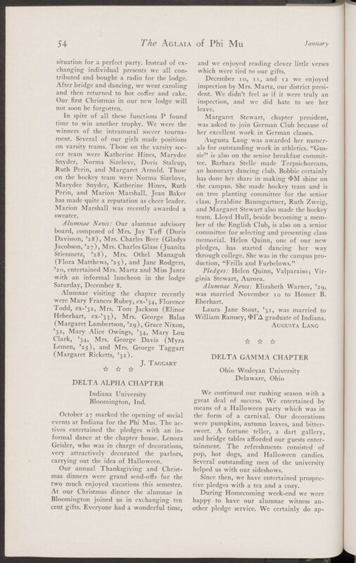 Active Chapter News: Delta Alpha Chapter, Indiana University, January 1935 (Image)