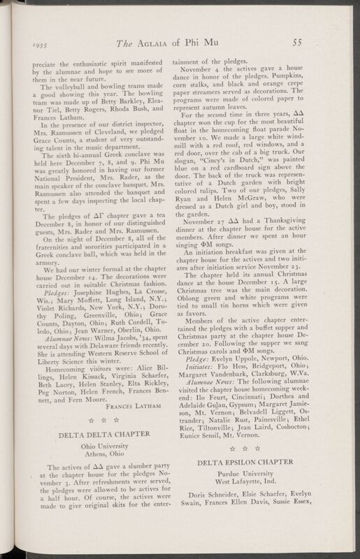 Active Chapter News: Delta Delta Chapter, Ohio University, January 1935 (Image)