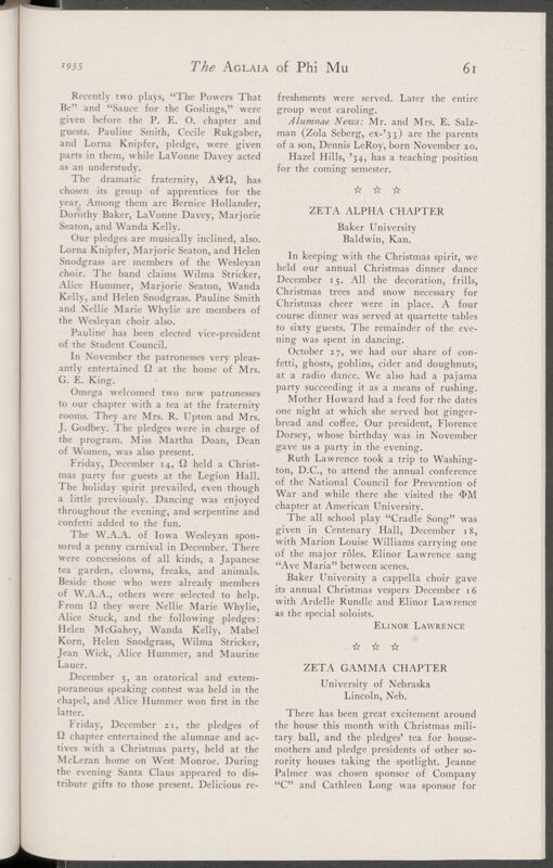 Active Chapter News: Zeta Alpha Chapter, Baker University, January 1935 (Image)