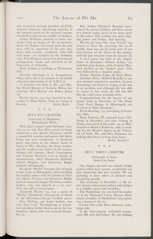 Active Chapter News: Zeta Theta Chapter, University of Iowa, January 1935 (Image)