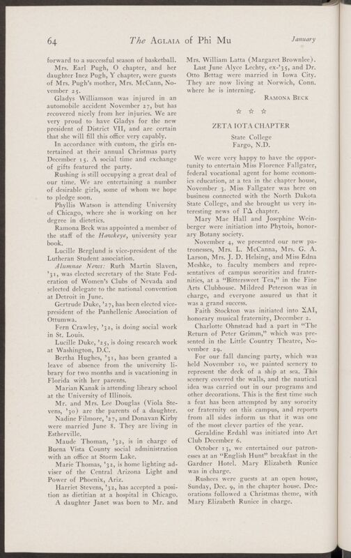 Active Chapter News: Zeta Iota Chapter, State College, January 1935 (Image)