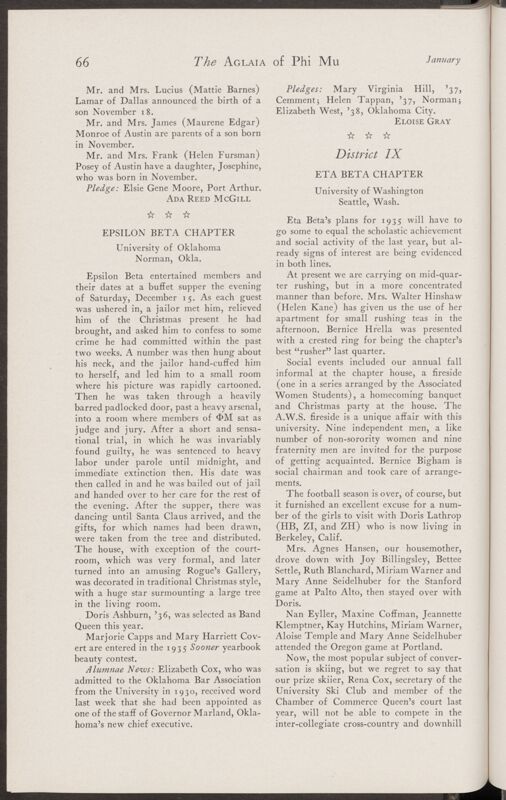 Active Chapter News: Eta Beta Chapter, University of Washington, January 1935 (Image)