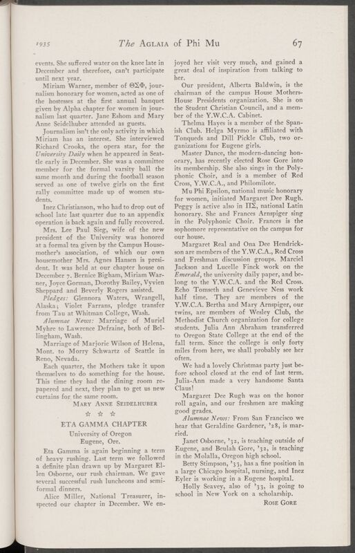 Active Chapter News: Eta Gamma Chapter, University of Oregon, January 1935 (Image)