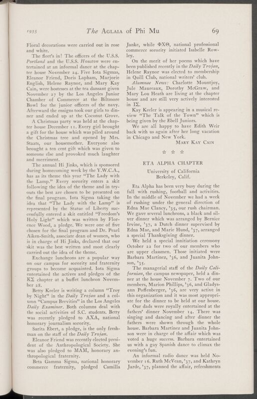 Active Chapter News: Eta Alpha Chapter, University of California, January 1935 (Image)