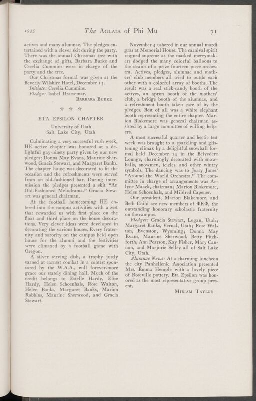 Active Chapter News: Eta Epsilon Chapter, University of Utah, January 1935 (Image)