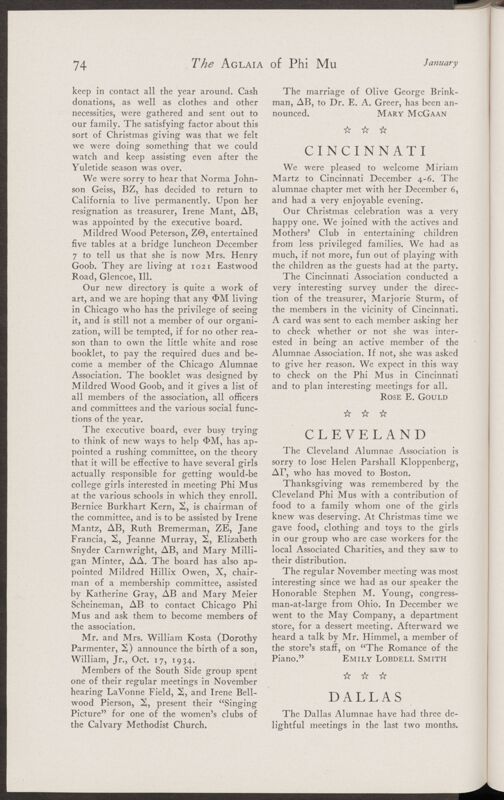 Alumnae Chapter News: Cleveland, January 1935 (Image)