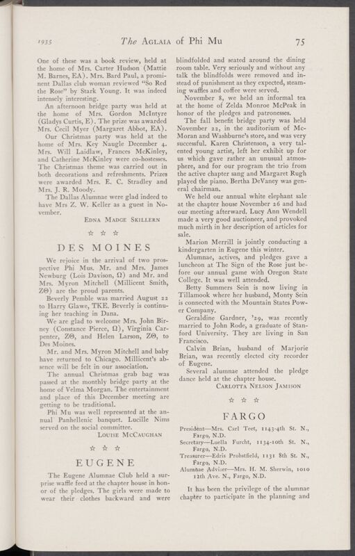 Alumnae Chapter News: Fargo, January 1935 (Image)