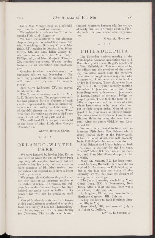 January 1935 Alumnae Chapter News: Philadelphia Image