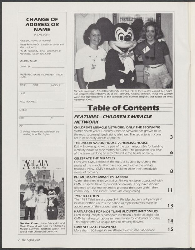 The Aglaia of Phi Mu, Vol. 84, No. 2, Spring 1989 Children's Miracle Network Table of Contents (Image)