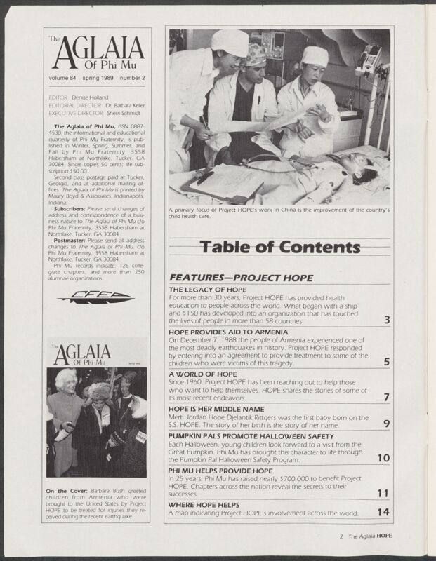The Aglaia of Phi Mu, Vol. 84, No. 2, Spring 1989 Project HOPE Table of Contents (Image)