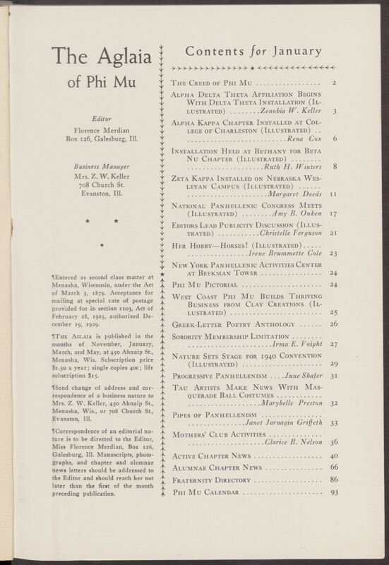 The Aglaia of Phi Mu, Vol. XXXIV, No. 2 Table of Contents (Image)