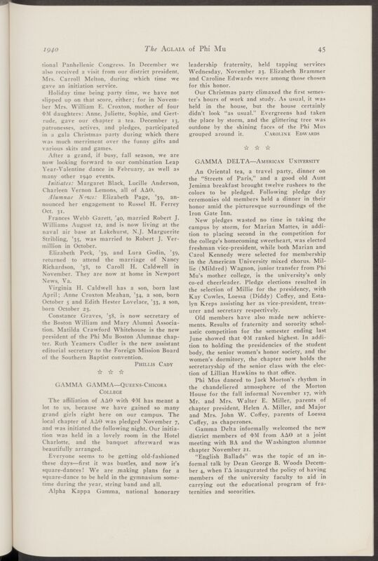 January 1940 Active Chapter News: Gamma Alpha - College of William and Mary Image