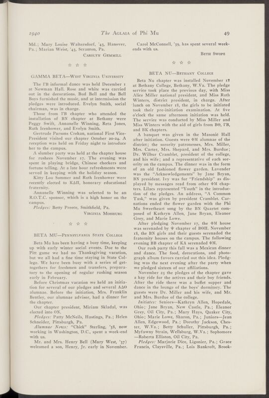 January 1940 Active Chapter News: Beta Kappa - Bucknell University Image