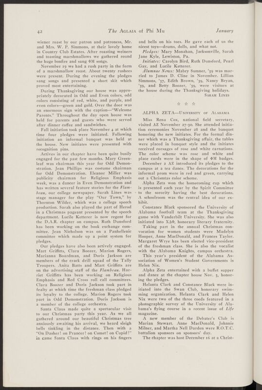 January 1940 Active Chapter News: Alpha Epsilon - Florida State College for Women Image