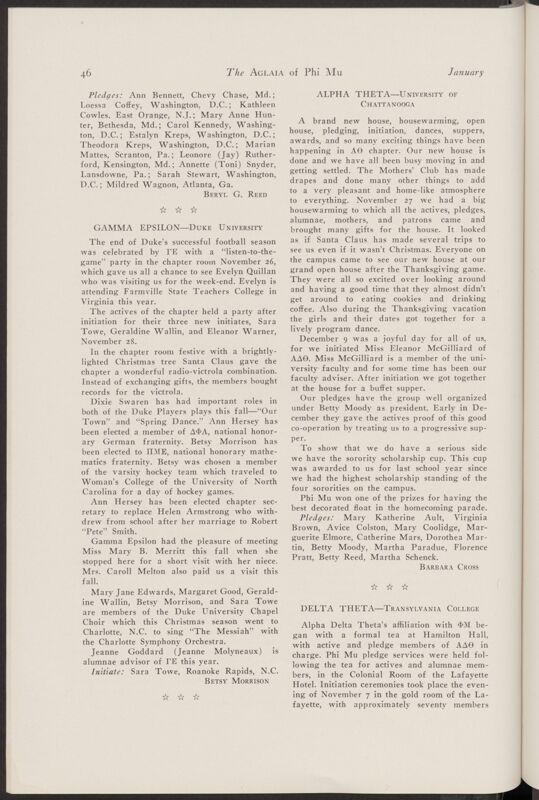 Active Chapter News: Gamma Epsilon - Duke University, January 1940 (Image)