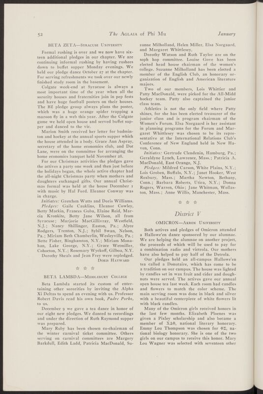 Active Chapter News: Beta Lambda - Middlebury College, January 1940 (Image)
