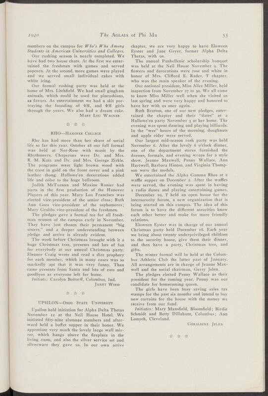 Active Chapter News: Rho - Hanover College, January 1940 (Image)